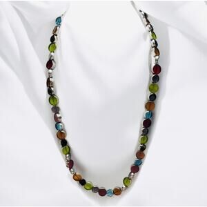 Vintage Round 6 Color Czech Glass Fire Polished, Silver Rim Beaded Necklace